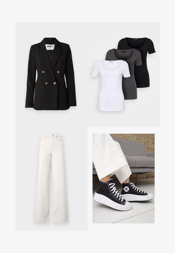 ONLY Tall ONLASTRID LIFE - Blazer - black; Tre figurerte T-skjorter i hvit, grå og svart. Hver har en bred scoop-nakke og korte ermer. Laget av glatt, elastisk stoff.; ONLY Tall ONLHOPE GLOBAL HIGH WAIST WIDE  - Bukse - pumice stone; Sorte lerrets høy-top sneakers med hvite gummisulinger og snørebånd. Har et rundt logo på siden og kontrasterende hvite sting.