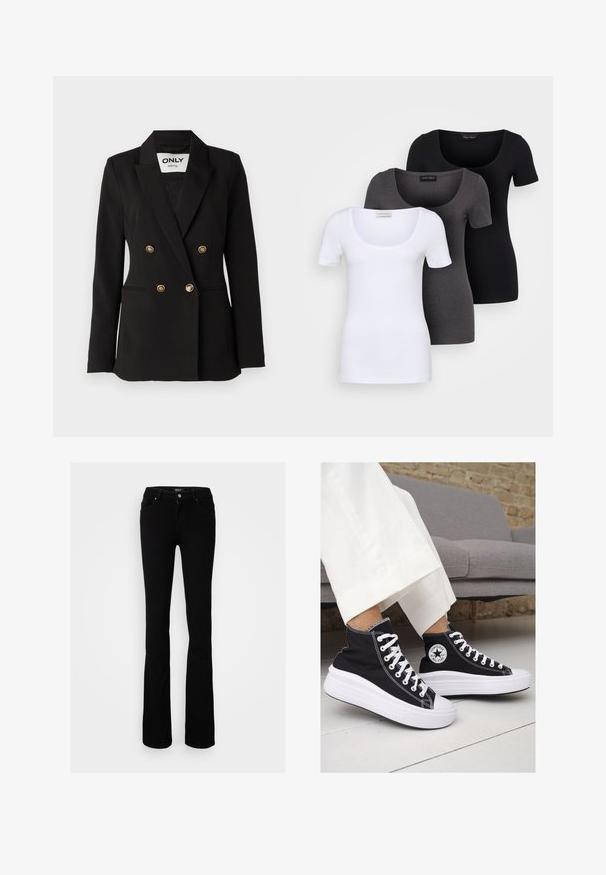 ONLY Tall ONLASTRID LIFE - Bleiseri - black; Kolme istuvaa T-paitaa valkoisena, harmaana ja mustana. Jokaisessa on leveä avara pääntie ja lyhyet hihat. Valmistettu sileästä ja joustavasta kankaasta.; Mustat stretch-denimi leveälahkeiset farkut, joissa on nappikiinnitys, neljä taskua ja sileä pinta, suunniteltu istuvan siluetin luomiseksi.; Mustat kangaskengät korkealla varrella, joissa on valkoiset kumipohjat ja nauhat. Sivussa on pyöreä logo ja kontrastiväriset valkoiset tikkausommellut.