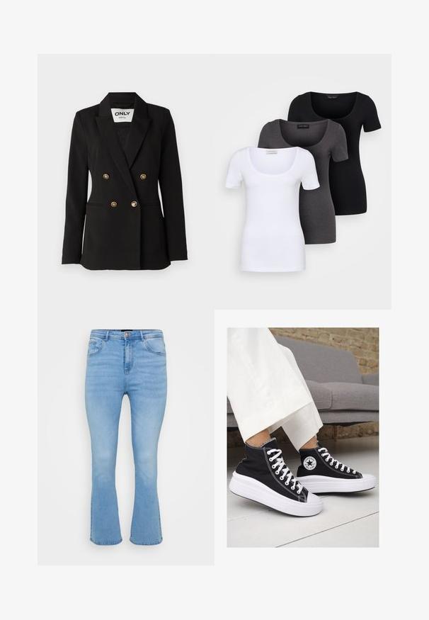 ONLY Tall ONLASTRID LIFE - Blazer - black; Tre åtsittande T-shirts i vitt, grått och svart. Var och en har en bred rundad halsringning och korta ärmar. Tillverkade av mjukt, stretcht tyg.; Ljusblå utsvängda jeans i bomullsdenim. Har hög midja, fem fickor och synlig sömnad längs sömmarna och fållen.; Svarta canvas högskor med vita gummisulor och snören. Har en cirkulär logotyp på sidan och kontrasterande vit sömnad.