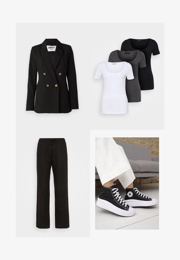 ONLY Tall ONLASTRID LIFE - Blazer - black; Trois T-shirts ajustés en blanc, gris et noir. Chacun présente un décolleté large et des manches courtes. Fabriqués en tissu lisse et extensible.; Pantalons en lin noirs avec une coupe décontractée, dotés d'une taille élastique et d'un cordon de serrage réglable. Texture lisse et design à jambes larges.; Baskets montantes en toile noire avec semelles et lacets en caoutchouc blanc. Elles présentent un logo circulaire sur le côté et un contraste de coutures blanches.