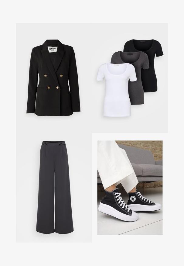 ONLY Tall ONLASTRID LIFE - Blazer - black; Three fitted T-shirts in white, gray, and black. Each features a wide scoop neckline and short sleeves. Made from smooth, stretchy fabric.; Wide-leg trousers in dark grey fabric. Features pleats at the front and two decorative buttons on the waistband. Smooth texture and tailored shape.; Black canvas high-top sneakers with white rubber soles and laces. Features a circular logo on the side and contrasting white stitching.