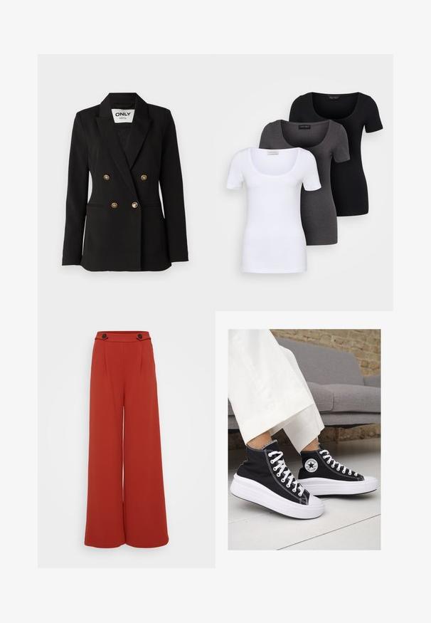 ONLY Tall ONLASTRID LIFE - Blazer - black; Drei figurbetonte T-Shirts in Weiß, Grau und Schwarz. Jedes hat einen weiten Rundhalsausschnitt und kurze Ärmel. Hergestellt aus glattem, elastischem Stoff.; Weite Hose aus einem tiefen rot-orangefarbenen Stoff. Mit zwei vorderen Falten und zwei Knöpfen am Bund. Glatte Textur, lässiges Design.; Schwarze Canvas-Hochtop-Sneakers mit weißen Gummisohlen und Schnürsenkeln. Mit einem runden Logo an der Seite und kontrastierendem weißen Nähten.