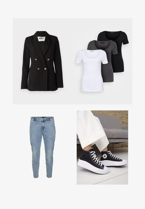 ONLY Tall ONLASTRID LIFE - Blazer - black; Trois T-shirts ajustés en blanc, gris et noir. Chacun présente un décolleté large et des manches courtes. Fabriqués en tissu lisse et extensible.; Jean bleu clair avec une coupe fuselée, en tissu denim. Doté d'une fermeture à boutons, de cinq poches et d'un léger dégradé pour apporter de la texture.; Baskets montantes en toile noire avec semelles et lacets en caoutchouc blanc. Elles présentent un logo circulaire sur le côté et un contraste de coutures blanches.