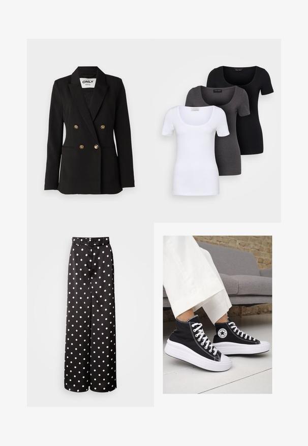 ONLY Tall ONLASTRID LIFE - Blazer - black; Tres camisetas ajustadas en blanco, gris y negro. Cada una cuenta con un escote amplio y mangas cortas. Están hechas de una tela suave y elástica.; Pantalones de pierna ancha negros que incluyen un cinturón, fabricados con una tela suave que presenta un patrón de lunares blancos en toda su superficie.; Zapatillas altas de lona negra con suelas y cordones de goma blanca. Presentan un logo circular en el lateral y costuras blancas en contraste.