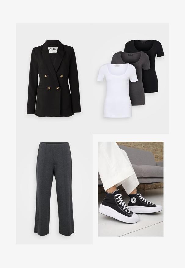 ONLY Tall ONLASTRID LIFE - Blazer - black; Three fitted T-shirts in white, gray, and black. Each features a wide scoop neckline and short sleeves. Made from smooth, stretchy fabric.; Dark grey, wide-leg pants made from soft, stretchy fabric. Features a smooth waistband and flat front with subtle pleats for added detail.; Black canvas high-top sneakers with white rubber soles and laces. Features a circular logo on the side and contrasting white stitching.
