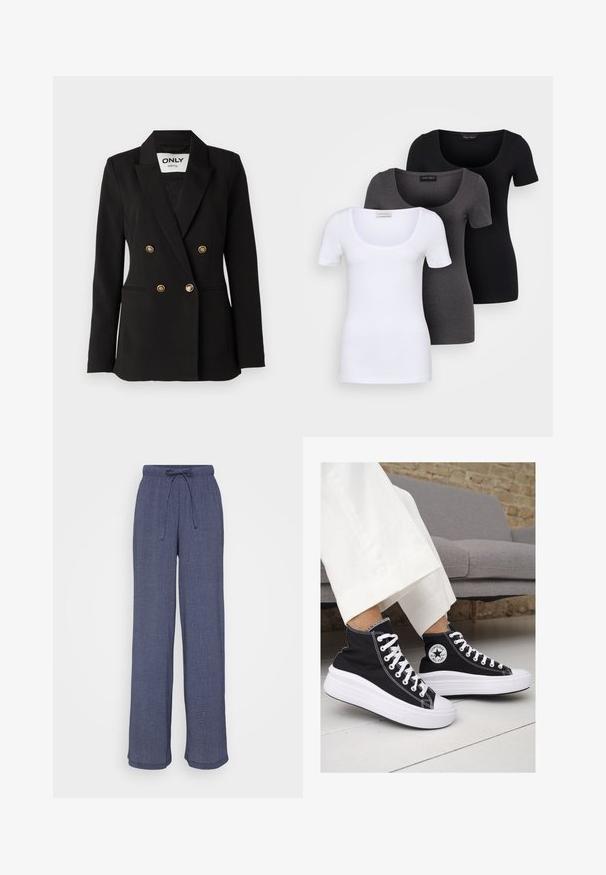 ONLY Tall ONLASTRID LIFE - Blazer - black; Tre figurerte T-skjorter i hvit, grå og svart. Hver har en bred scoop-nakke og korte ermer. Laget av glatt, elastisk stoff.; Marine brede bukser laget av teksturert stoff, med elastisk midje og snor, og en avslappet passform gjennom bena.; Sorte lerrets høy-top sneakers med hvite gummisulinger og snørebånd. Har et rundt logo på siden og kontrasterende hvite sting.