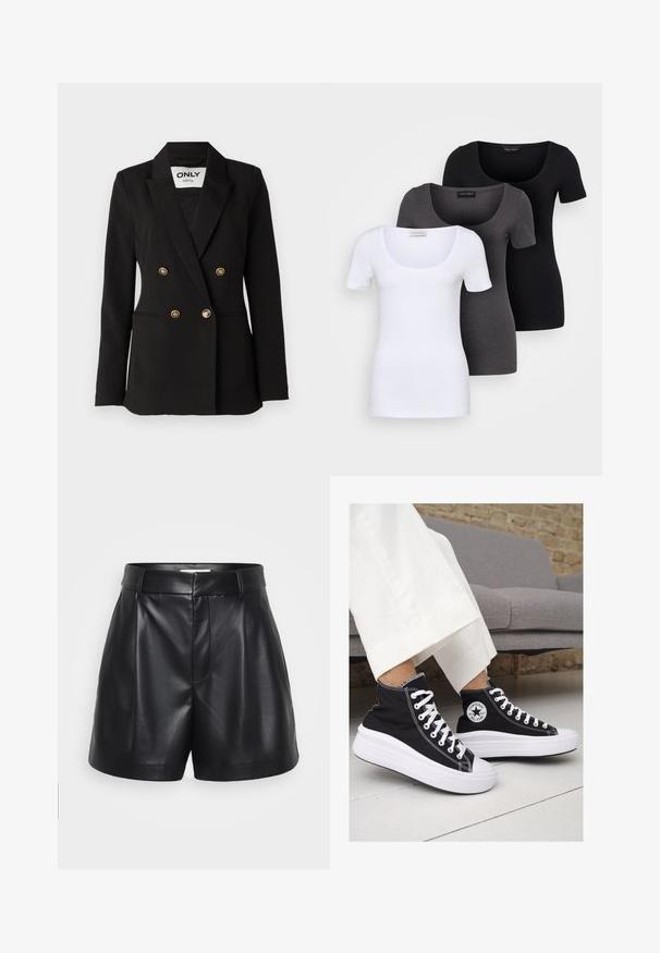 ONLY Tall ONLASTRID LIFE - Žakete - black; Trīs pieguļoši T-krekli baltā, pelēkā un melnā krāsā. Katram ir plaša izgriezuma kakla un īsas piedurknes. Izgatavoti no gluda, elastīga auduma.; Melnas ādas šortas ar augstu jostu, krokotu priekšpusi un sānu kabatām. Gluda tekstūra ar spīdīgu apdari.; Melni kanvas augstpapēžu apavi ar baltām gumijas zolēm un auklām. Ievērojams aplis logotips sānos un kontrastējoša balta šuvums.
