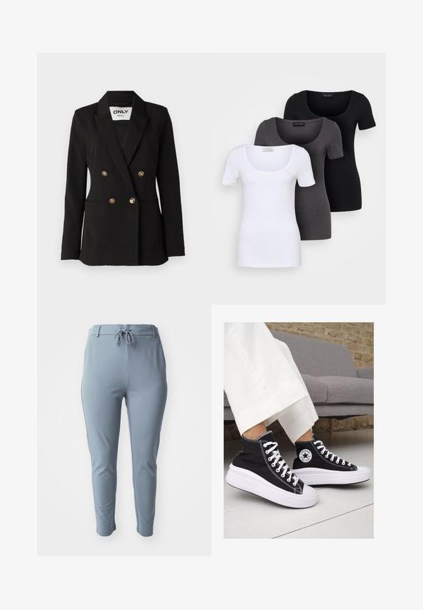 ONLY Tall ONLASTRID LIFE - Blazer - black; Three fitted T-shirts in white, gray, and black. Each features a wide scoop neckline and short sleeves. Made from smooth, stretchy fabric.; Light blue, stretchy trousers with a tapered fit, elastic waistband, and adjustable drawstring. Features side pockets and smooth texture.; Black canvas high-top sneakers with white rubber soles and laces. Features a circular logo on the side and contrasting white stitching.