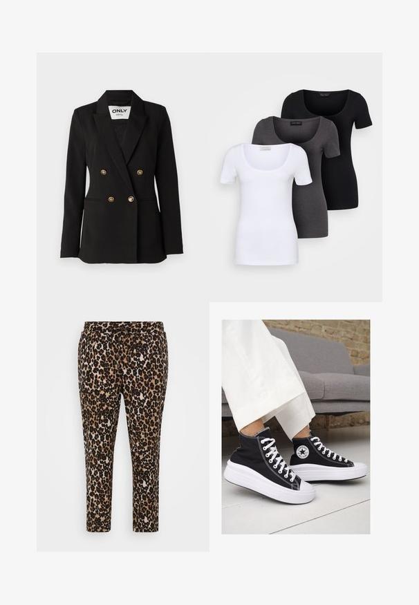 ONLY Tall ONLASTRID LIFE - Blazer - black; Drie getailleerde T-shirts in het wit, grijs en zwart. Elk met een brede ronde hals en korte mouwen. Gemaakt van gladde, rekbare stof.; Leopardprint broek met een zachte, textuurstof, elastische tailleband met trekkoord en een rechte pijp met een cropped lengte.; Zwarte canvas hoge sneakers met witte rubberen zolen en veters. Voorzien van een cirkelvormig logo aan de zijkant en contrasterende witte stiksels.