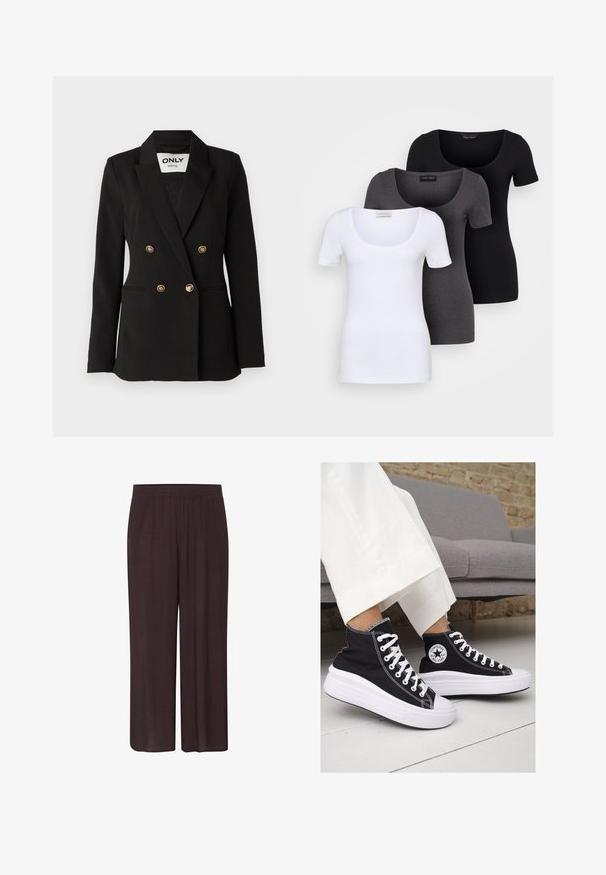 ONLY Tall ONLASTRID LIFE - Blazer - black; Drei figurbetonte T-Shirts in Weiß, Grau und Schwarz. Jedes hat einen weiten Rundhalsausschnitt und kurze Ärmel. Hergestellt aus glattem, elastischem Stoff.; Dunkelbraune weite Hose aus strukturiertem Stoff mit elastischem Taillenbund und einer lockeren Silhouette, ohne sichtbare Muster oder Akzente.; Schwarze Canvas-Hochtop-Sneakers mit weißen Gummisohlen und Schnürsenkeln. Mit einem runden Logo an der Seite und kontrastierendem weißen Nähten.