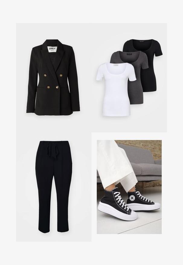ONLY Tall ONLASTRID LIFE - Blazer - black; Trois T-shirts ajustés en blanc, gris et noir. Chacun présente un décolleté large et des manches courtes. Fabriqués en tissu lisse et extensible.; Pantalon noir en tissu doux, doté d'une ceinture à nouer assortie, de plis à l'avant et d'une coupe droite.; Baskets montantes en toile noire avec semelles et lacets en caoutchouc blanc. Elles présentent un logo circulaire sur le côté et un contraste de coutures blanches.