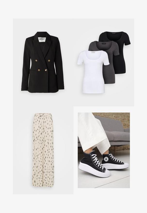 ONLY Tall ONLASTRID  czarny; Trzy dopasowane koszulki w kolorze białym, szarym i czarnym. Każda z nich ma szeroki dekolt w serek i krótkie rękawy. Wykonana z gładkiego, elastycznego materiału.; Kremowa maxi spódnica z czarnymi diamentowymi i kwiatowymi wzorami, plisowany materiał, detal z węzłem w talii oraz zwiewny krój.; Czarne trampki typu high-top z białą gumową podeszwą i sznurowadłami. Posiadają okrągłe logo z boku oraz kontrastujące białe szwy.