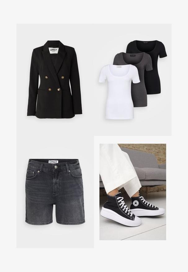 ONLY Tall ONLASTRID LIFE - Žakete - black; Trīs pieguļoši T-krekli baltā, pelēkā un melnā krāsā. Katram ir plaša izgriezuma kakla un īsas piedurknes. Izgatavoti no gluda, elastīga auduma.; Melnas denim šorti ar klasisku dizainu, kas piedāvā piecu kabatu stilistika, priekšējo pogu aizdari un smalkas izbalināšanas detaļas.; Melni kanvas augstpapēžu apavi ar baltām gumijas zolēm un auklām. Ievērojams aplis logotips sānos un kontrastējoša balta šuvums.