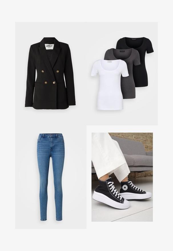 ONLY Tall ONLASTRID LIFE - Σακάκι - black; Τρία εφαρμοστά T-shirts σε λευκό, γκρι και μαύρο. Το καθένα διαθέτει φαρδιά στρογγυλή λαιμόκοψη και κοντά μανίκια. Κατασκευασμένα από μαλακό, ελαστικό ύφασμα.; Λεπτά τζιν μπλε χρώματος από denim, με κλασικό σχέδιο πέντε τσεπών, κλείσιμο με κουμπί και ελαφριά φθορά για ποικιλία υφής.; Μαύρα καμβά sneakers με ψηλή φτέρνα, με λευκές καουτσούκ σόλες και κορδόνια. Διαθέτουν κυκλικό λογότυπο στο πλάι και εντυπωσιακή λευκή ραφή.
