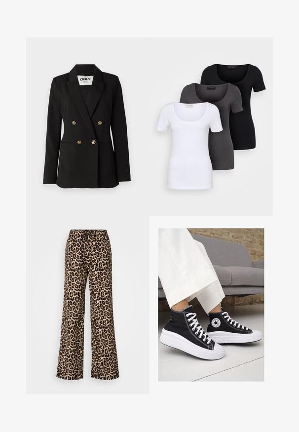ONLY Tall ONLASTRID LIFE - Žakete - black; Trīs pieguļoši T-krekli baltā, pelēkā un melnā krāsā. Katram ir plaša izgriezuma kakla un īsas piedurknes. Izgatavoti no gluda, elastīga auduma.; Lauka ziedu raksta bikses ar brīvu piegriezumu, izgatavotas no viegla auduma. Ar elastīgu jostu un auklu, kas nodrošina regulējamu komfortu.; Melni kanvas augstpapēžu apavi ar baltām gumijas zolēm un auklām. Ievērojams aplis logotips sānos un kontrastējoša balta šuvums.