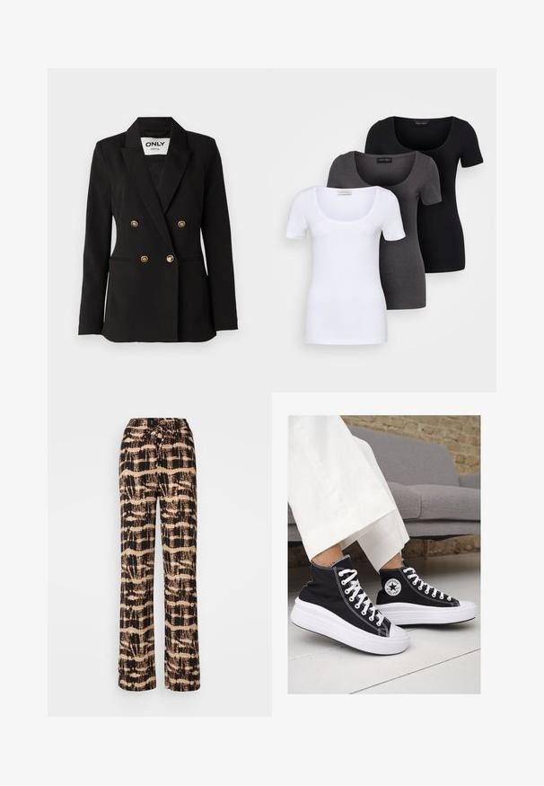 ONLY Tall ONLASTRID LIFE - Kratka jakna - black; Tri fitted T-shirtovi u bijeloj, sivoj i crnoj boji. Svaki ima široki izrez na vratu i kratke rukave. Napravljen od glatkoga, rastezljivog materijala.; Hlače širokih nogavica od lagane tkanine s apstraktnim uzorkom u crnoj i bež boji. Podesivi pojas s vezicom, ležeran kroj.; Crne platnene visoke tenisice s bijelim gumiranim potplatima i vezicama. Imaju kružni logo sa strane i kontrastne bijele šavove.