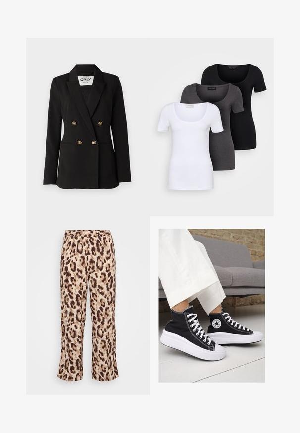 ONLY Tall ONLASTRID LIFE - Blazer - black; Trois T-shirts ajustés en blanc, gris et noir. Chacun présente un décolleté large et des manches courtes. Fabriqués en tissu lisse et extensible.; Pantalons imprimés léopard avec une taille élastique, présentant un mélange de teintes beige et marron. Le tissu a une texture lisse ; design à jambes courtes.; Baskets montantes en toile noire avec semelles et lacets en caoutchouc blanc. Elles présentent un logo circulaire sur le côté et un contraste de coutures blanches.