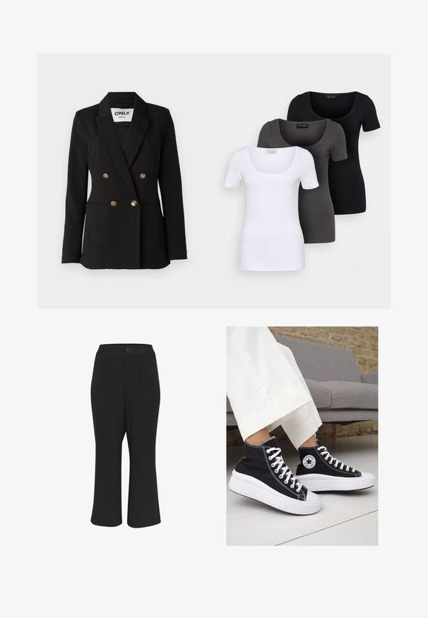 ONLY Tall ONLASTRID LIFE - Bleiseri - black; Kolme istuvaa T-paitaa valkoisena, harmaana ja mustana. Jokaisessa on leveä avara pääntie ja lyhyet hihat. Valmistettu sileästä ja joustavasta kankaasta.; Käynnistetyt mustat housut, joissa on sileä pinta, napin kiinnitys ja kaksi etutaskua. Mallissa on suora istuvuus ja minimaalinen yksityiskohtaisuus.; Mustat kangaskengät korkealla varrella, joissa on valkoiset kumipohjat ja nauhat. Sivussa on pyöreä logo ja kontrastiväriset valkoiset tikkausommellut.