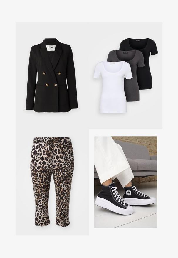 ONLY Tall ONLASTRID LIFE - Žakete - black; Trīs pieguļoši T-krekli baltā, pelēkā un melnā krāsā. Katram ir plaša izgriezuma kakla un īsas piedurknes. Izgatavoti no gluda, elastīga auduma.; Pūķa raksta bikses ar pielāgojamu jostasvietu, apgrieztu garumu un gludu audumu, kurā ir melnas, brūnas un bēšas toņi.; Melni kanvas augstpapēžu apavi ar baltām gumijas zolēm un auklām. Ievērojams aplis logotips sānos un kontrastējoša balta šuvums.