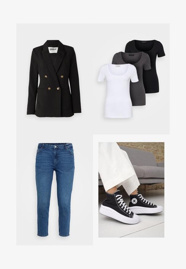 ONLY Tall ONLASTRID LIFE - Blazer - black; Drie getailleerde T-shirts in het wit, grijs en zwart. Elk met een brede ronde hals en korte mouwen. Gemaakt van gladde, rekbare stof.; Blauwe spijkerbroek met een middelhoge taille, vijf zakken en rechte pijpen. Bevat stiksel en metalen hardware accenten.; Zwarte canvas hoge sneakers met witte rubberen zolen en veters. Voorzien van een cirkelvormig logo aan de zijkant en contrasterende witte stiksels.