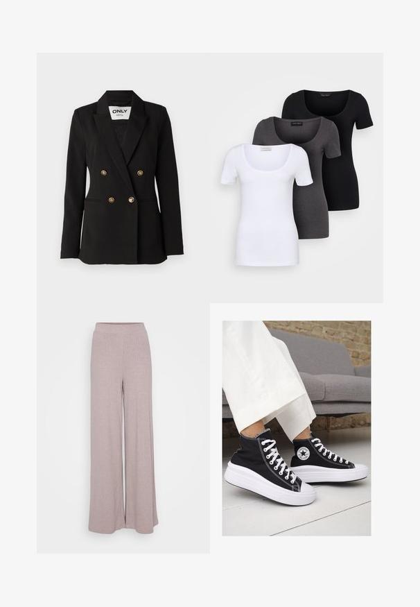 ONLY Tall ONLASTRID LIFE - Blejzr - black; Tři přiléhavé trička v bílé, šedé a černé barvě. Každé má široký výstřih a krátké rukávy. Vyrobeno z hladké, pružné tkaniny.; Široké kalhoty z měkké žebrované látky v jemně mauve barvě. Obsahují elastický pas pro pohodlí a volný siluetu.; Černé vysoké plátěné tenisky s bílými gumovými podrážkami a tkaničkami. Na boku mají kulaté logo a kontrastní bílé švy.