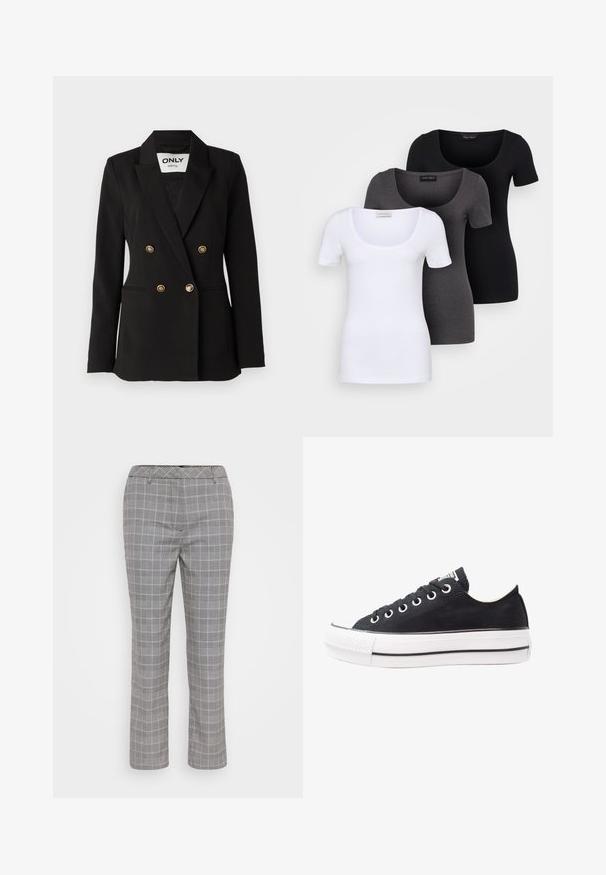 ONLY Tall ONLASTRID LIFE - Bleizeris - black; Trys priderinti marškiniai: balti, pilki ir juodi. Kiekvienas turi plačią apvalią iškirptę ir trumpas rankoves. Pagaminti iš lygaus, tamprių audinio.; Pilki languoti kelnes su pritaikytu siluetu. Kartu turi subtilų languotą raštą, diržo kilpas ir tiesią kojų formą. Lygus audinio paviršius.; Juodas drobės sportbačių modelis su baltu gumuotu padu, apvalia nosimi, žemo profilio dizainu, metalinėmis akytėmis ir tekstūruotu priekiniu kraštu. Plona juoda juostelė palei padą.