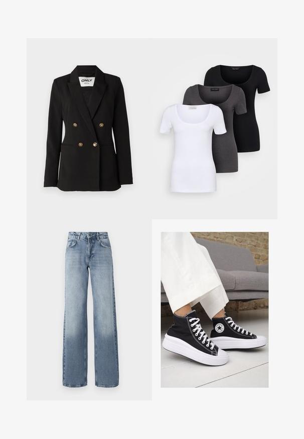 ONLY Tall ONLASTRID LIFE - Blazer - black; Three fitted T-shirts in white, gray, and black. Each features a wide scoop neckline and short sleeves. Made from smooth, stretchy fabric.; Wide-leg blue denim jeans with a light wash, zipper fly, five-pocket design, and subtle fading near the ankles.; Black canvas high-top sneakers with white rubber soles and laces. Features a circular logo on the side and contrasting white stitching.