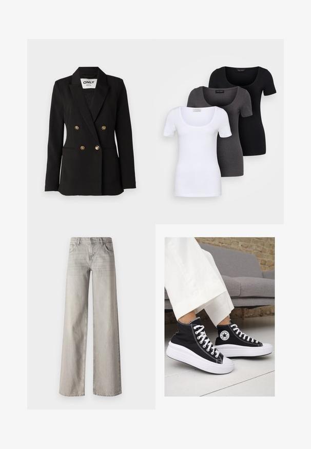ONLY Tall ONLASTRID LIFE - Bleizeris - black; Trys priderinti marškiniai: balti, pilki ir juodi. Kiekvienas turi plačią apvalią iškirptę ir trumpas rankoves. Pagaminti iš lygaus, tamprių audinio.; Šviesiai pilki plačiai kojų džinsai, pagaminti iš džinsinio audinio, turintys penkių kišenių dizainą, priekinį mygtuko uždarymą ir šiek tiek blekto tekstūrą.; Juodi kanvasiniai aukšti sportbačiai su baltais guminiais padu ir raišteliais. Šonuose yra apskritas logotipas ir ryški balta siūlė.