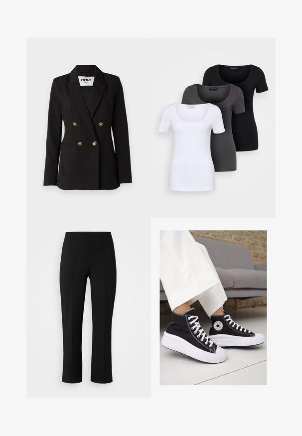 ONLY Tall ONLASTRID LIFE - Blazer - black; Tre figurerte T-skjorter i hvit, grå og svart. Hver har en bred scoop-nakke og korte ermer. Laget av glatt, elastisk stoff.; Vero Moda Curve VMCBECKY PULL ON - Bukse - black; Sorte lerrets høy-top sneakers med hvite gummisulinger og snørebånd. Har et rundt logo på siden og kontrasterende hvite sting.