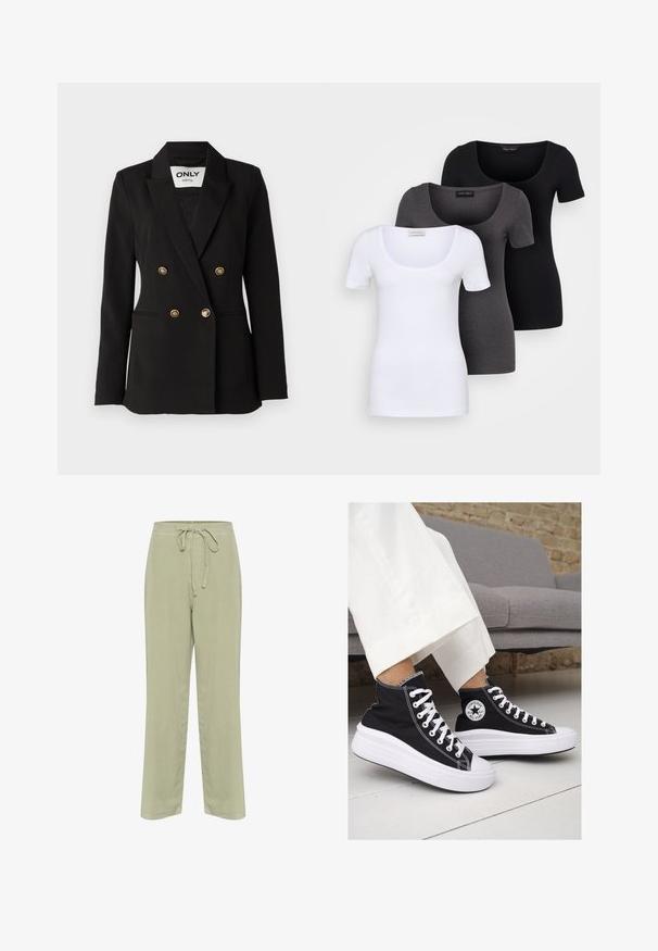 ONLY Tall ONLASTRID LIFE - Žakete - black; Trīs pieguļoši T-krekli baltā, pelēkā un melnā krāsā. Katram ir plaša izgriezuma kakla un īsas piedurknes. Izgatavoti no gluda, elastīga auduma.; Gaiši zaļi lina bikses ar aukliņu jostasvietā, plata kāju dizains un sānu kabatas. Mīksta tekstūra un vienkārši konstrukcijas elementi.; Melni kanvas augstpapēžu apavi ar baltām gumijas zolēm un auklām. Ievērojams aplis logotips sānos un kontrastējoša balta šuvums.