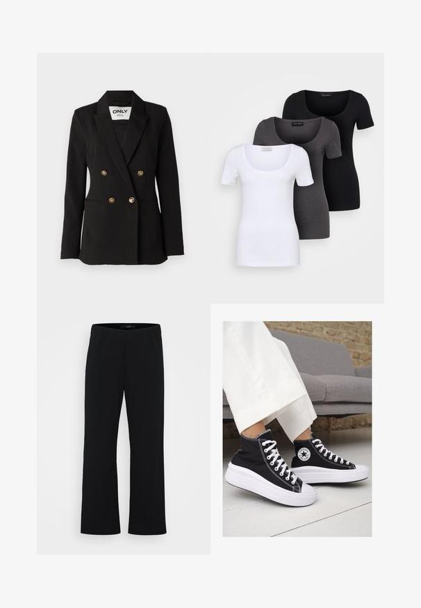 ONLY Tall ONLASTRID LIFE - Blazer - black; Drei figurbetonte T-Shirts in Weiß, Grau und Schwarz. Jedes hat einen weiten Rundhalsausschnitt und kurze Ärmel. Hergestellt aus glattem, elastischem Stoff.; Schwarze, weit geschnittene Hosen aus weichem Stoff. Mit elastischem Bund und glatter Textur. Keine sichtbaren Muster oder Akzente.; Schwarze Canvas-Hochtop-Sneakers mit weißen Gummisohlen und Schnürsenkeln. Mit einem runden Logo an der Seite und kontrastierendem weißen Nähten.