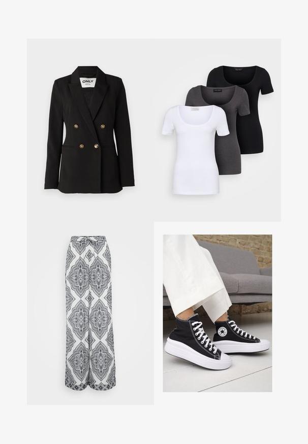 ONLY Tall ONLASTRID LIFE - Žakete - black; Trīs pieguļoši T-krekli baltā, pelēkā un melnā krāsā. Katram ir plaša izgriezuma kakla un īsas piedurknes. Izgatavoti no gluda, elastīga auduma.; Platformas ar plašām kājām melnbaltā ģeometriskā rakstā. Iezīmes: ar aukliņu regulējams viduklis, viegla auduma sastāvs un plūstoša silueta veids.; Melni kanvas augstpapēžu apavi ar baltām gumijas zolēm un auklām. Ievērojams aplis logotips sānos un kontrastējoša balta šuvums.