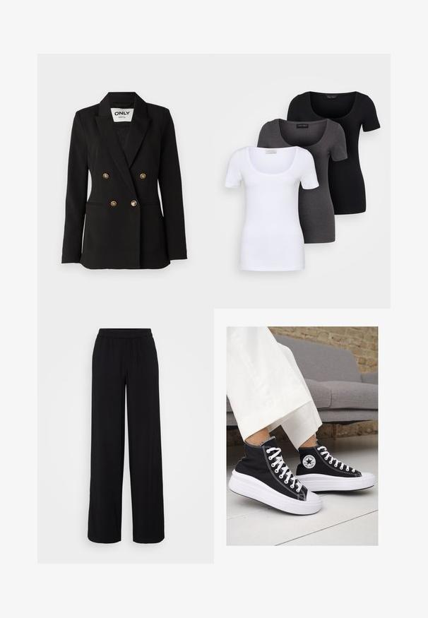 ONLY Tall ONLASTRID LIFE - Kratka jakna - black; Tri fitted T-shirtovi u bijeloj, sivoj i crnoj boji. Svaki ima široki izrez na vratu i kratke rukave. Napravljen od glatkoga, rastezljivog materijala.; Crne široke hlače od mekog materijala, s elastičnom stražnjom trakom i suptilnim plisiranjima sprijeda, stvarajući opuštenu siluetu.; Crne platnene visoke tenisice s bijelim gumiranim potplatima i vezicama. Imaju kružni logo sa strane i kontrastne bijele šavove.