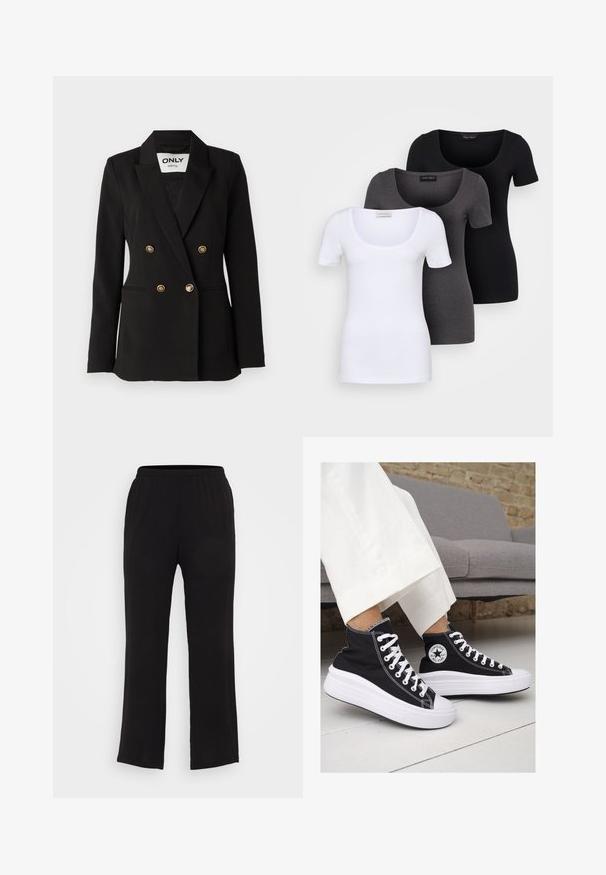 ONLY Tall ONLASTRID LIFE - Žakete - black; Trīs pieguļoši T-krekli baltā, pelēkā un melnā krāsā. Katram ir plaša izgriezuma kakla un īsas piedurknes. Izgatavoti no gluda, elastīga auduma.; Melni, viegli, ar elastīgu jostu un taisna piegriezuma bikses. Gluda tekstūra, bez redzamām rakstiem vai aparatūras detaļām.; Melni kanvas augstpapēžu apavi ar baltām gumijas zolēm un auklām. Ievērojams aplis logotips sānos un kontrastējoša balta šuvums.