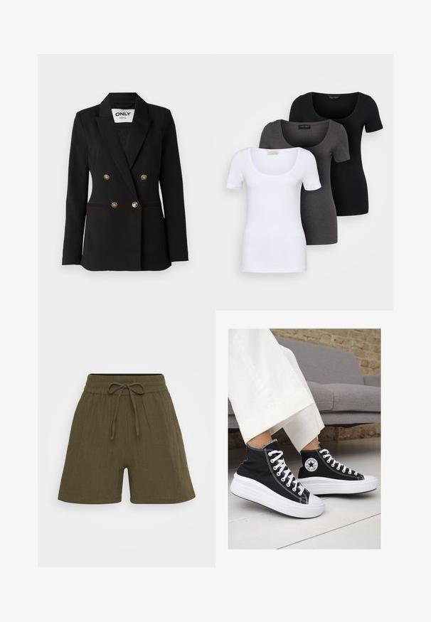 ONLY Tall ONLASTRID LIFE - Blazer - black; Three fitted T-shirts in white, gray, and black. Each features a wide scoop neckline and short sleeves. Made from smooth, stretchy fabric.; Olive green linen shorts with a wide leg design, elastic waistband with a drawstring, and subtle texture.; Black canvas high-top sneakers with white rubber soles and laces. Features a circular logo on the side and contrasting white stitching.