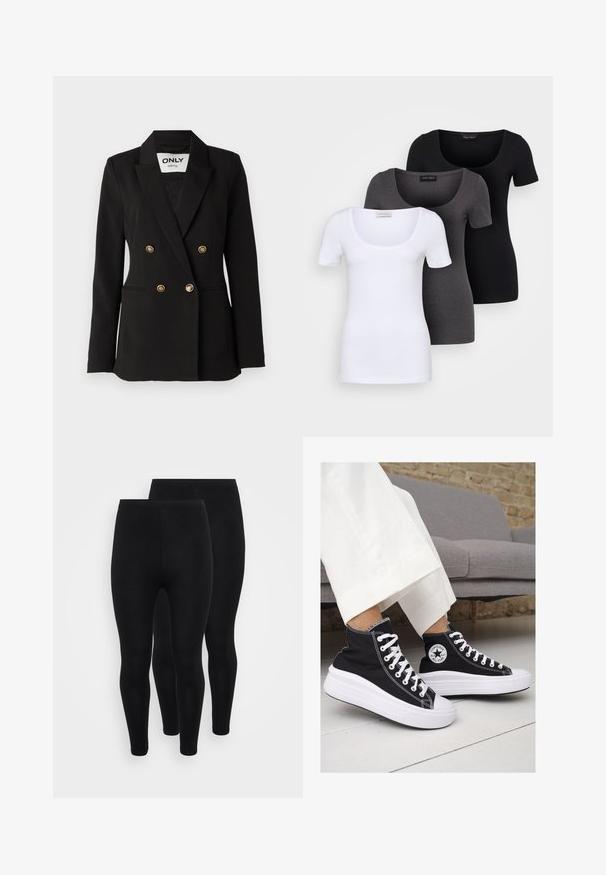 ONLY Tall ONLASTRID LIFE - Blazer - black; Tre figurerte T-skjorter i hvit, grå og svart. Hver har en bred scoop-nakke og korte ermer. Laget av glatt, elastisk stoff.; Svart leggings laget av elastisk stoff har en tettsittende design. De har en jevn tekstur og en elastisk midje. To par er vist.; Sorte lerrets høy-top sneakers med hvite gummisulinger og snørebånd. Har et rundt logo på siden og kontrasterende hvite sting.