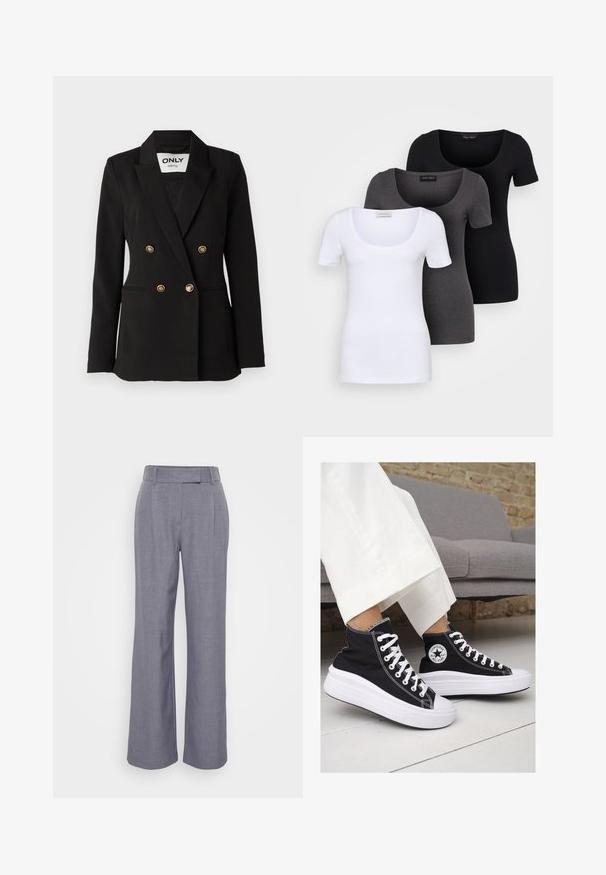 ONLY Tall ONLASTRID LIFE - Kratka jakna - black; Tri fitted T-shirtovi u bijeloj, sivoj i crnoj boji. Svaki ima široki izrez na vratu i kratke rukave. Napravljen od glatkoga, rastezljivog materijala.; Sive hlače širokih nogavica od teksturirane tkanine. Imaju ravni pojas s petljama za remen i prednje nabore za dodatne detalje.; Crne platnene visoke tenisice s bijelim gumiranim potplatima i vezicama. Imaju kružni logo sa strane i kontrastne bijele šavove.