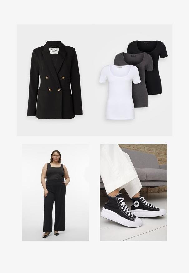 ONLY Tall ONLASTRID LIFE - Blézer - black; Három szűkített T-póló fehér, szürke és fekete színben. Mindegyik széles, kerek nyakkal és rövid ujjakkal rendelkezik. Simább, elasztikus anyagból készült.; Fekete tartálytop széles lábú fekete nadrággal, amely gombokkal díszített. Az öltözet sima textúrával és modern, testhez álló sziluettel rendelkezik.; Fekete vászon magas szárú tornacipők fehér gumitalppal és fűzővel. Az oldalon egy kör alakú logó található, és kontrasztos fehér varrásokkal rendelkezik.