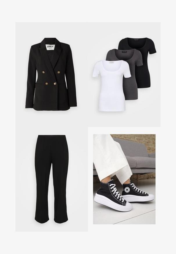 ONLY Tall ONLASTRID LIFE - Blazer - black; Three fitted T-shirts in white, gray, and black. Each features a wide scoop neckline and short sleeves. Made from smooth, stretchy fabric.; Black, flared trousers with a smooth finish and subtle crease details, displayed against a plain white background.; Black canvas high-top sneakers with white rubber soles and laces. Features a circular logo on the side and contrasting white stitching.