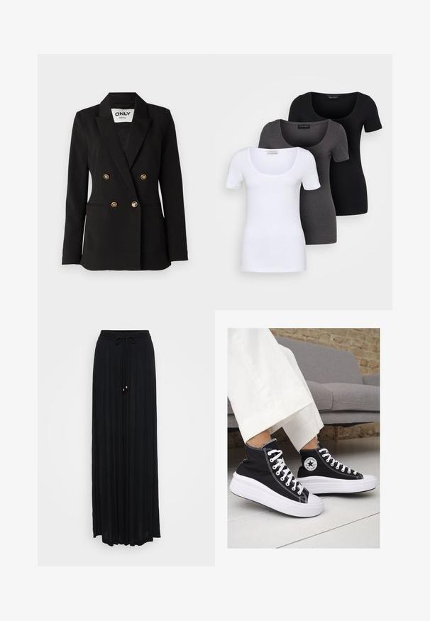 ONLY Tall ONLASTRID LIFE - Blazer - black; Three fitted T-shirts in white, gray, and black. Each features a wide scoop neckline and short sleeves. Made from smooth, stretchy fabric.; Black, pleated maxi skirt with a drawstring waist, crafted from lightweight fabric, featuring gold accents on the drawstring ends.; Black canvas high-top sneakers with white rubber soles and laces. Features a circular logo on the side and contrasting white stitching.