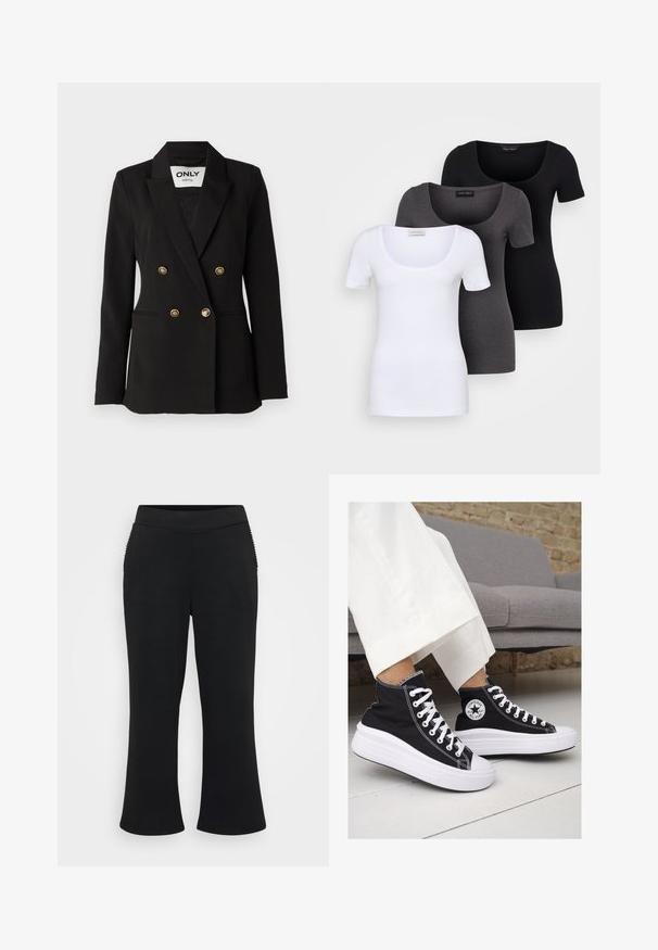 ONLY Tall ONLASTRID LIFE - Σακάκι - black; Τρία εφαρμοστά T-shirts σε λευκό, γκρι και μαύρο. Το καθένα διαθέτει φαρδιά στρογγυλή λαιμόκοψη και κοντά μανίκια. Κατασκευασμένα από μαλακό, ελαστικό ύφασμα.; Μαύρο φαρδύ παντελόνι με λείο, ελαστικό ύφασμα. Διαθέτει φαρδιά μέση και ριμπ λεπτομέρειες στις πλευρικές τσέπες.; Μαύρα καμβά sneakers με ψηλή φτέρνα, με λευκές καουτσούκ σόλες και κορδόνια. Διαθέτουν κυκλικό λογότυπο στο πλάι και εντυπωσιακή λευκή ραφή.
