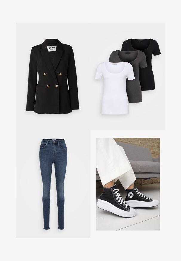 ONLY Tall ONLASTRID LIFE - Blazer - black; Tres camisetas ajustadas en blanco, gris y negro. Cada una cuenta con un escote amplio y mangas cortas. Están hechas de una tela suave y elástica.; Jeans ajustados en denim azul oscuro con una cintura de media altura, que presentan bolsillos frontales, un cierre con un solo botón de metal y un desvanecimiento mínimo.; Zapatillas altas de lona negra con suelas y cordones de goma blanca. Presentan un logo circular en el lateral y costuras blancas en contraste.