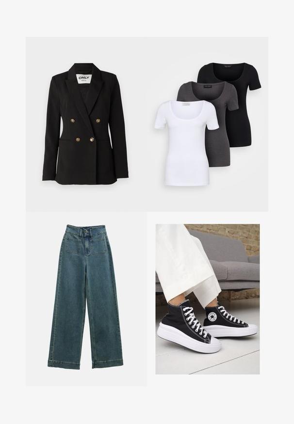 ONLY Tall ONLASTRID LIFE - Blazer - black; Tre tætsiddende T-shirts i hvid, grå og sort. Hver af dem har en bred scoop-udskæring og korte ærmer. Fremstillet af glat, strækbart stof.; Bredde denimbukser i falmet blå, med høj talje, to forlommer og en klassisk knaplukning. Stoffet har en blød, glat tekstur.; Sorte høj-top sneakers i lærred med hvide gummisåler og snørebånd. Har et rundt logo på siden og kontrasterende hvide syninger.
