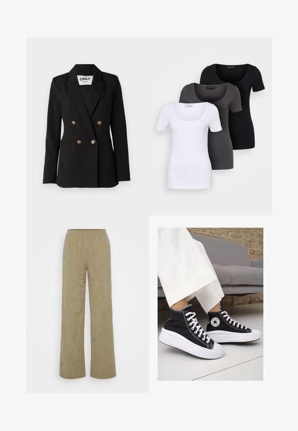 ONLY Tall ONLASTRID LIFE - Blazer - black; Tre figurerte T-skjorter i hvit, grå og svart. Hver har en bred scoop-nakke og korte ermer. Laget av glatt, elastisk stoff.; Bredde ben corduroy-bukser i en dempet olivengrønn farge. Har teksturerte linjer, elastisk midje og en avslappet passform. Ingen lommer er synlige.; Sorte lerrets høy-top sneakers med hvite gummisulinger og snørebånd. Har et rundt logo på siden og kontrasterende hvite sting.