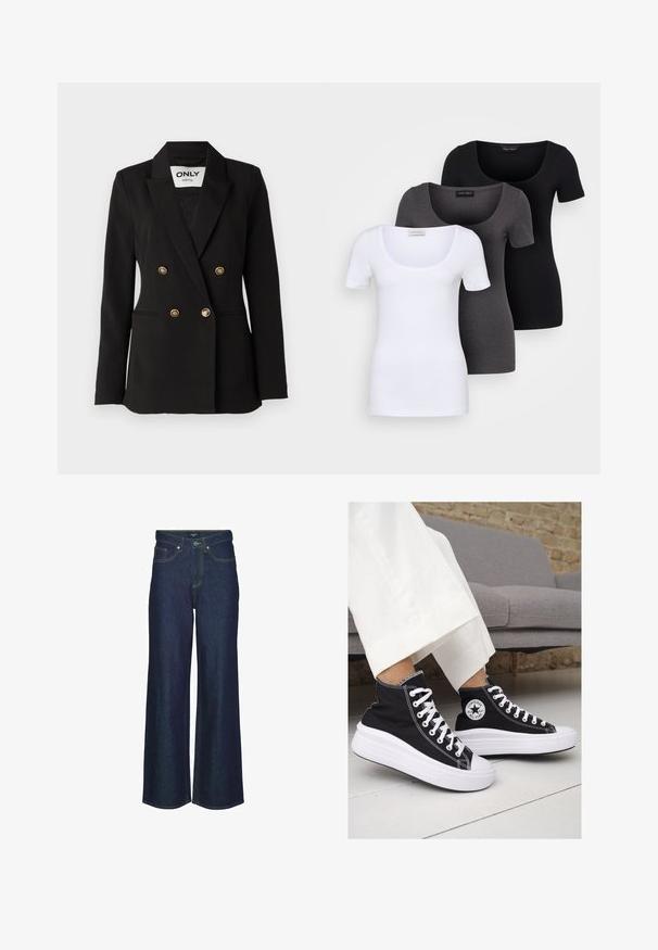 ONLY Tall ONLASTRID LIFE - Bleiseri - black; Kolme istuvaa T-paitaa valkoisena, harmaana ja mustana. Jokaisessa on leveä avara pääntie ja lyhyet hihat. Valmistettu sileästä ja joustavasta kankaasta.; Tumman denimin leveälahkeiset farkut, joissa on korkea vyötärö, koristetikkaukset, vöiden lenkit ja etupocketit. Sileä pinta, klassinen muotoilu.; Mustat kangaskengät korkealla varrella, joissa on valkoiset kumipohjat ja nauhat. Sivussa on pyöreä logo ja kontrastiväriset valkoiset tikkausommellut.