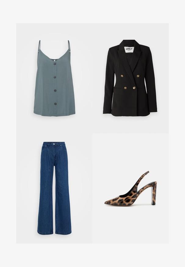 ONLY Tall ONLASTRID LIFE - Blézer - black; Szelíd zöld, V nyakú camisole vékony pántokkal és fekete gombokkal elöl. Simább, könnyű anyagból készült.; Magas derekú, széles lábú kék farmernadrág, elülső gomb- és cipzárzárral, valamint elülső és hátsó zsebekkel, sima háttér előtt.; Leopárdmintás slingback pump, hegyes orral és átlátszó blokk talppal. Fényes anyagból készült, sima tapintású.