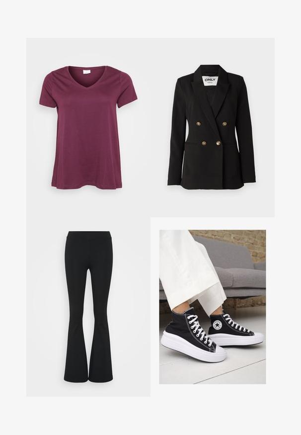 ONLY Tall ONLASTRID LIFE - Blazer - black; Short-sleeved, plum V-neck t-shirt displayed against a white background, showcasing a casual, relaxed fit.; Black flared pants made of stretchy fabric, featuring a high waistband and a smooth texture. The pants flare out from the knee.; Black canvas high-top sneakers with white rubber soles and laces. Features a circular logo on the side and contrasting white stitching.