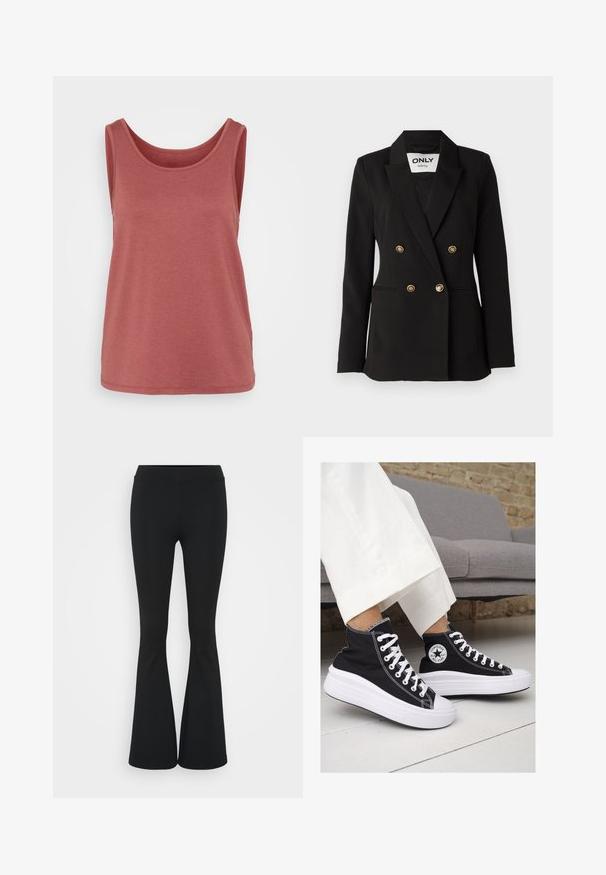 ONLY Tall ONLASTRID LIFE - Blazer - black; Rosa tank topp laget av myk bomull, med rund hals, uten ermer, og en litt løs passform med en hemmet bunn.; Svarte flared bukser laget av elastisk stoff, med høy midje og en glatt tekstur. Buksene vidder ut fra kneet.; Sorte lerrets høy-top sneakers med hvite gummisulinger og snørebånd. Har et rundt logo på siden og kontrasterende hvite sting.