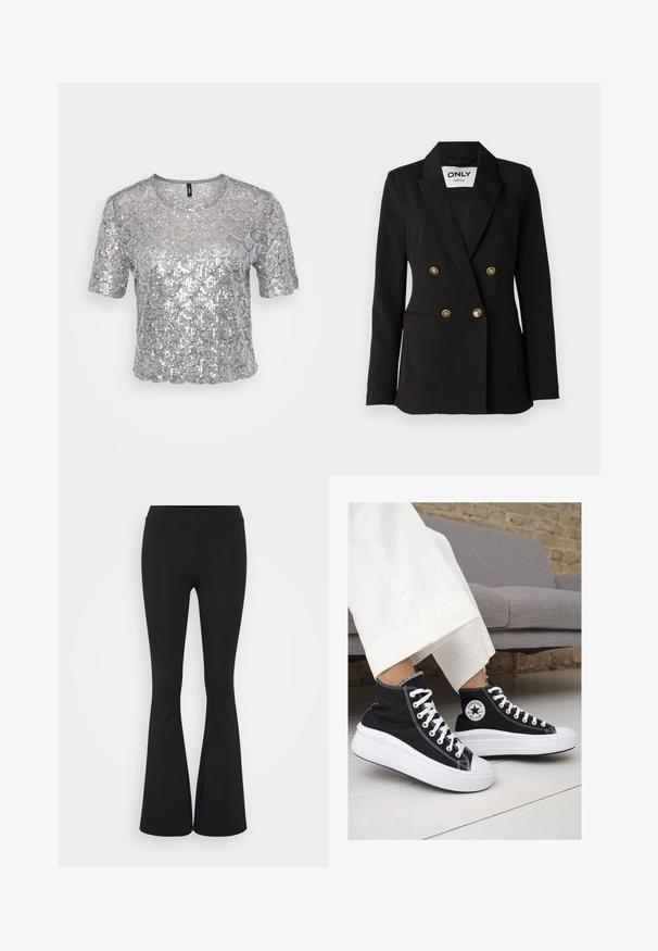 ONLY Tall ONLASTRID LIFE - Bleiseri - black; Hopea lyhythihainen paita, jossa on teksturoitu muotoilu ja päällekkäisiä skaloppeja koristeina. Lyhyt, cropped-leikkaus ja pyöreä pääntie.; Mustat leveät housut, jotka on valmistettu joustavasta kankaasta, ja joissa on korkea vyötärö sekä sileä pinta. Housut levenevät polven kohdalla.; Mustat kangaskengät korkealla varrella, joissa on valkoiset kumipohjat ja nauhat. Sivussa on pyöreä logo ja kontrastiväriset valkoiset tikkausommellut.