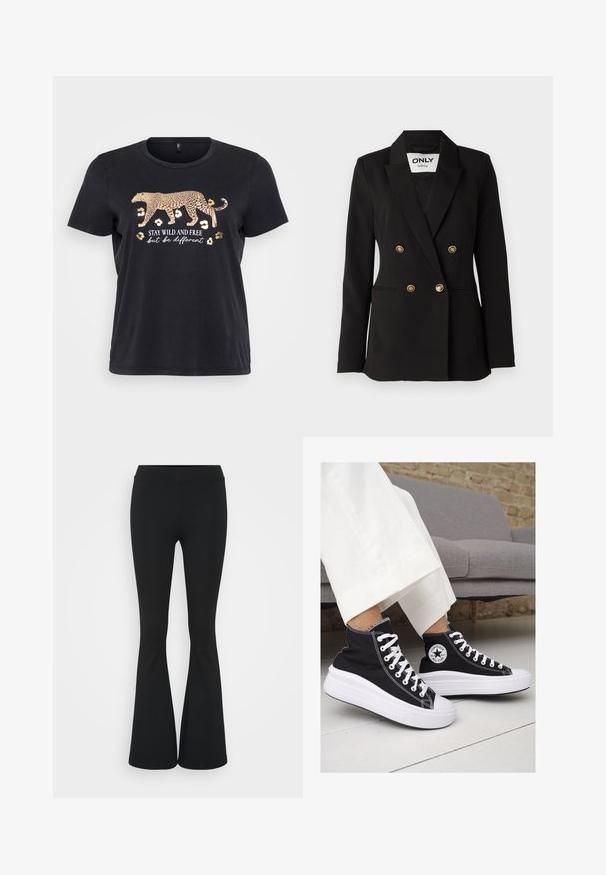 ONLY Tall ONLASTRID LIFE - Kratka jakna - black; Crna pamučna majica s grafikonom leoparda u zlatnoj boji i natpisom "OSTANI DIVLJI I SLOBODAN, ali budi drugačiji" ispod. Kratak rukav, okrugli izrez.; Crne trapezaste hlače od rastezljivog materijala, sa visokim pojasom i glatkom teksturom. Hlače se šire od koljena.; Crne platnene visoke tenisice s bijelim gumiranim potplatima i vezicama. Imaju kružni logo sa strane i kontrastne bijele šavove.